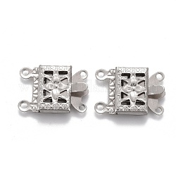 304 Stainless Steel Box Clasps, Multi-Strand Clasps, 2-Strands, 4-Holes, Rectangle with Flower, Stainless Steel Color, 15x10x3mm, Hole: 1mm