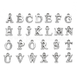 Alloy Rhinestone Charms, Alphabet, Letter A~Z, Crystal, Platinum, 12.5~13.5x5.5~12x2.5mm, Hole: 1.4mm, 26pcs/set
