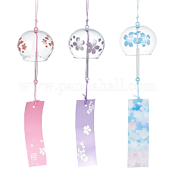 Benecreat 3 pièces carillons éoliens japonais rose bleu violet clair fleur cloches à vent pendentifs en verre faits à la main pour cadeau de festival de mariage, fenêtre de jardin décorations extérieures ou intérieures