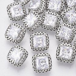 Brass Shank Buttons, with Micro Pave Cubic Zirconia, Square, Clear, Platinum, 12x12x8mm, Hole: 1.4mm
