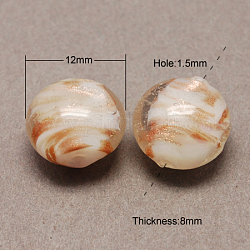 Perles vernissées de sable d'or manuelles , plat rond, blanc, 12x8mm