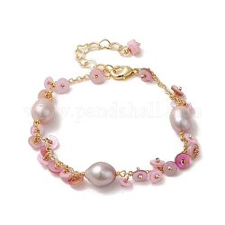 Bracelet à breloques disque de perles de coquillage, avec des chaînes en laiton, véritable 14k plaqué or, 6-3/4 pouce (17.1 cm)
