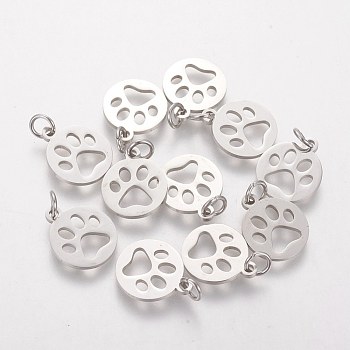304 Stainless Steel Pendants, Flat Round with Dog Paw Prints, Stainless Steel Color, 14x12x1.1mm, Hole: 4mm
