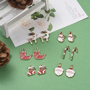 Christmas Theme, Alloy Enamel Pendants, Snowman & Christmas Reindeer/Stag & Boots & Sock & Father Christmas & Candy Cane, Light Gold , Mixed Color, 12pcs/set