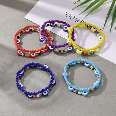 Glass Seed Beads Stretch Bracelets, with Polymer Clay Eye Beads, Mixed Color, Inner Diameter: 2-1/8~2-1/4 inch(5.3~5.8cm)