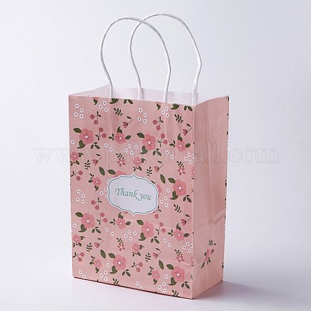 クラフト紙袋  ハンドル付き  ギフトバッグ  ショッピングバッグ  長方形  花柄  ピンク  21x15x8cm CARB-E002-S-S01-1