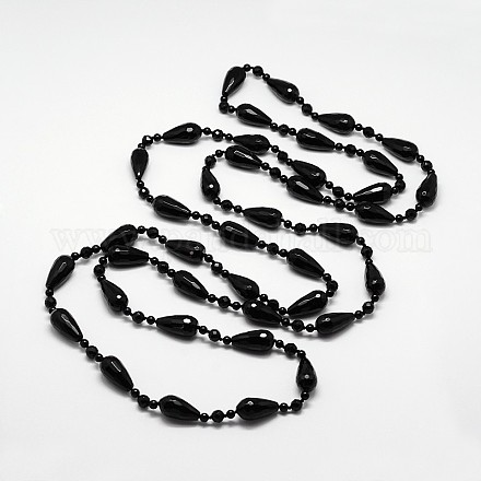 Long Natural Faceted Onxy Black Agate Teardrop and Round Beaded Necklaces NJEW-L102-03-1