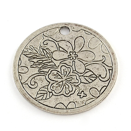 Tibetan Style Carved Flower Flat Round Alloy Pendants TIBEP-Q047-048-1