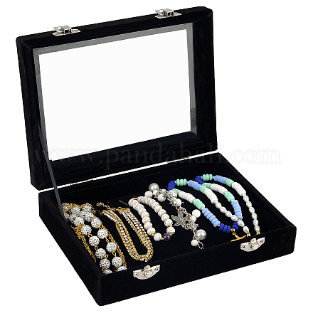Organisateur de boîte de présentation de bijoux de velours de fenêtre claire de rectangle avec des serrures en bois et de fer de forces de défense principale VBOX-WH0010-01-1