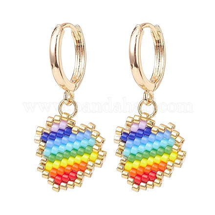 Rainbow Color Japanese Seed Braided Heart Dangle Hoop Earrings EJEW-MZ00004-1