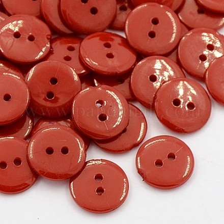 アクリル縫い付け用ボタン  衣装デザインのためのプラスチックボタン  2穴  染め  フラットラウンド  暗赤色  12x2mm  穴：1mm BUTT-E084-E-04-1