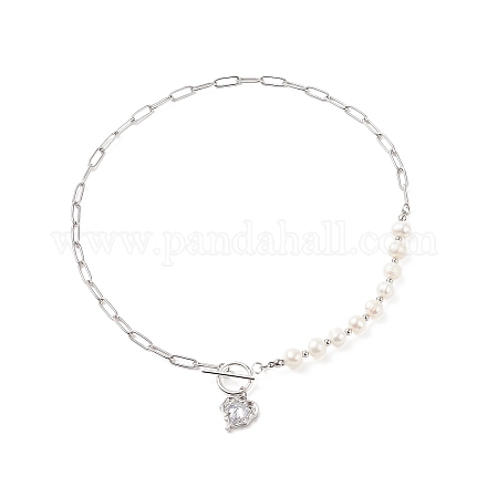 Collana con pendente a cuore in zirconia cubica trasparente con perle naturali in rilievo NJEW-TA00048-1