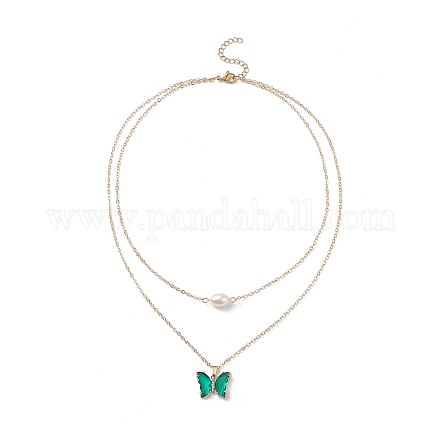 Mariposa de vidrio y colgantes de perlas naturales collar de doble capa con circonita cúbica transparente NJEW-TA00043-02-1