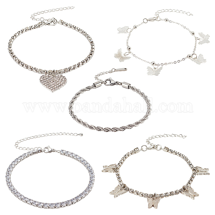 Anattasoul 5pcs 5 style ensemble de bracelets de cheville de tennis en zircone cubique claire AJEW-AN0001-01-1