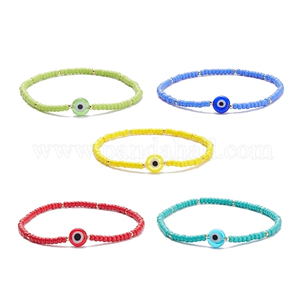 5 pièces 5 couleurs bracelets extensibles en perles de rocaille miyuki avec mauvais œil BJEW-TA00055-1