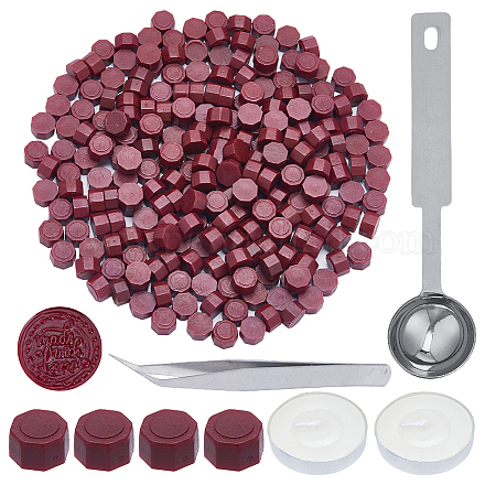 CRASPIRE 400Pcs Wax Seal Beads Set Red Octagon Wax Sealing Beads with 1Pc Stainless Steel Spoon and 2Pcs Candles and 1Pc Iron Beading Tweezers for Christmas Cards Wedding Invitations DIY-CP0009-24A-1