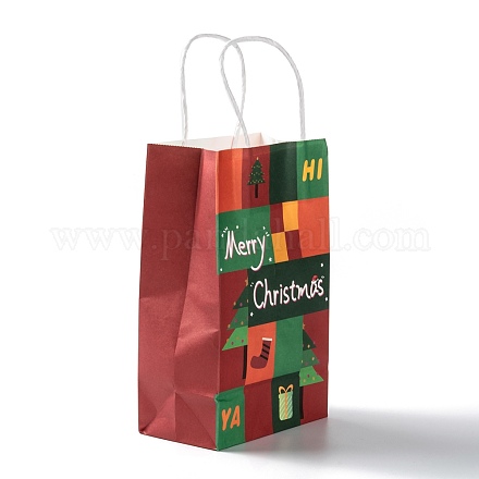 クリスマステーマクラフト紙ギフトバッグ  ハンドル付き  ショッピングバッグ  クリスマスツリー模様  13.5x8x22cm CARB-L009-A01-1