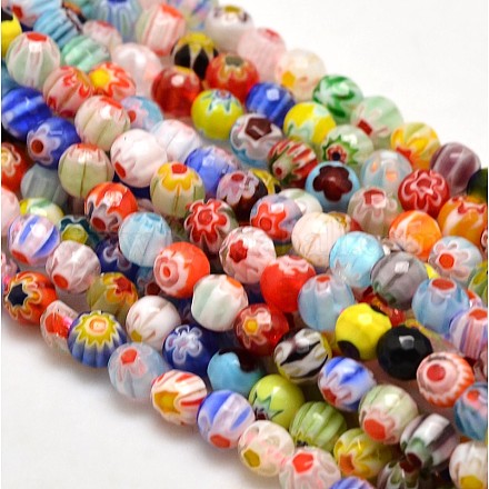 Faceted Millefiori Glass Round Beads Strands LK-P005-03-1