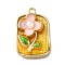 Alloy Enamel Pendants, with ABS Imitation Pearl, Rectangle with Flower, Rack Plating, Long-Lasting Plated, Lead Free & Cadmium Free & Nickel Free, Golden, Pink, 25x17x6mm, Hole: 1.8mm