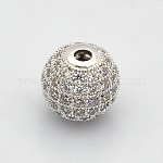 CZ Brass Micro Pave Grade AAA Clear Color Cubic Zirconia Round Beads, Cadmium Free & Nickel Free & Lead Free, Platinum, 6mm, Hole: 1mm