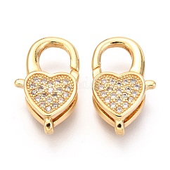 Micro latón allanan circonio cúbico broches pinza de langosta, sin plomo y cadmio, corazón, real 18k chapado en oro, 17x10x5mm, agujero: 1x2 mm