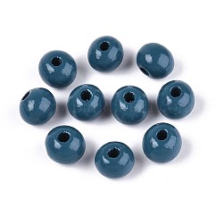 Cuentas redondas de madera de schima natural pintadas con aerosol, acero azul, 8~8.5x6.8mm, agujero: 1.8~2 mm