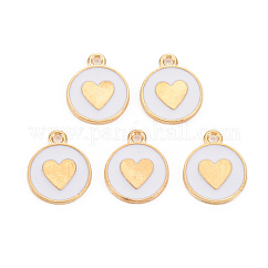 Colgantes de esmalte de aleación, sin plomo y cadmio, la luz de oro, plano y redondo con corazón, blanco, 16x13x2mm, agujero: 1.6 mm