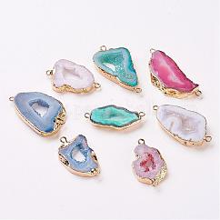 Galvanische natürliche druzy Geode Quarzkristallverbindungsverbinder, mit Messing-Zubehör, Nuggets, golden, Mischfarbe, 22~45x10~35x4~5.5 mm, Bohrung: 2 mm