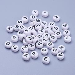 Cuentas de letras de acrílico de agujero horizontal, letras mezcladas al azar, plano y redondo, blanco, 7x4mm, agujero: 1.8 mm, aproximamente 3500 unidades / bolsa