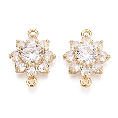 Ciondoli connettore in ottone con pavé di zirconi cubici trasparenti, link di fiori, placcato di lunga durata, oro, 16.5x22.5x6mm, Foro: 1.6~1.8 mm