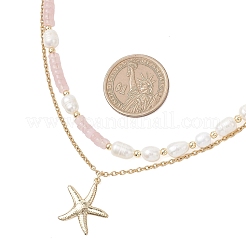 Collar con colgante de estrella de mar de acero inoxidable 304 de doble capa con cuentas de heishi de cuarzo rosa natural y perlas naturales de arroz.&nbsp;NJEW-JN05847-03