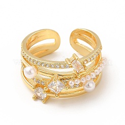 Anello a polsino aperto con rombo in zirconia cubica trasparente con perla di plastica in rilievo&nbsp;RJEW-I095-03G