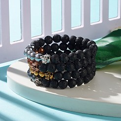 4 Uds. Juego de pulseras elásticas con cuentas redondas de hematita sintética y roca de lava natural de 4 colores&nbsp;BJEW-JB07886