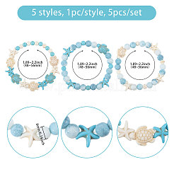 5 Stück Armband-Set mit synthetischen Türkis- und Muschelperlen mit Ozeanmotiv&nbsp;BJEW-CA00001