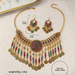 Collana con ciondolo a nappa in strass in lega rotonda piatta in stile bohemia e set di orecchini a bottone per donna&nbsp;FS-WG72CA2-01