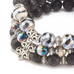 Bracciale elasticizzato in pietra lavica naturale e agata tibetana in stile 3 pz 3 con tubo in lega di perline&nbsp;BJEW-JB08322