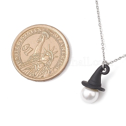 Halloween-Thema weiße runde Muschelperle mit schwarzem Hexenhut-Anhänger aus 304 Edelstahl&nbsp;NJEW-JN05374
