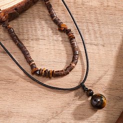 Halsketten mit Tigerauge-Unterlegscheibe-Anhänger aus Holz und Heishi-Perlen&nbsp;FS-WG2829B-01