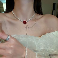 Imitation Perle Reis Perlen Rose Blume Choker Halsketten mit Legierung Kristall Strass Kette&nbsp;FS-WGBE6F4-01