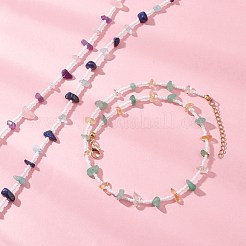 3 stücke 3 arten natürliche lapis lazuli & aquamarin & amethyst & rose quarz & aventurin & citrin chip & glas samen baeded halsketten für frauen&nbsp;NJEW-JN05603