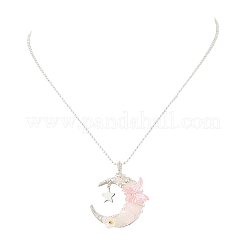 Collana con ciondolo a forma di luna in quarzo rosa naturale avvolto in filo metallico e farfalla in acrilico&nbsp;NJEW-TA00266-04