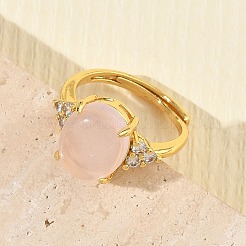 Bagues ouvertes en laiton serties de micro-pavés de zirconiums cubiques et de quartz rose naturel&nbsp;RJEW-T035-01G-L
