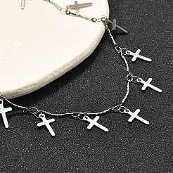 Collar con borla y dije de cruz de barra de eslabones texturizados de acero inoxidable 304&nbsp;NJEW-R023-01P