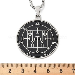 Collane con ciondolo a forma di sigillo rotondo piatto in acciaio inossidabile 201 smaltato nero&nbsp;NJEW-H065-03P