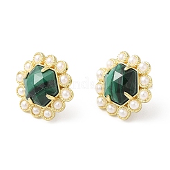 Pendientes hexagonales de malaquita natural con revestimiento iónico (IP) y cuentas de perlas de plástico&nbsp;EJEW-E287-01G-01