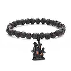 Bracciale elasticizzato in pietra lavica naturale con perline rotonde e charms di Halloween smaltati&nbsp;BJEW-JB08331