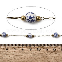 Handgefertigte 304 Edelstahl Porzellan Perlen rund mit Blumenmuster Gliederketten&nbsp;CHS-L032-15G-01