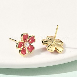 Boucles d'oreilles à clous en laiton et plastique ABS avec motif floral et perles&nbsp;EJEW-P336-07G-02