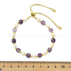 Verstellbare Armbänder mit Schiebeverschluss aus natürlichem Amethyst und Süßwasserzuchtperlen für Damen&nbsp;BJEW-JB13609-02
