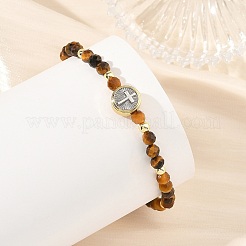 Pulseras elásticas de cuentas de ojo de tigre natural de la religión con cuentas redondas planas de latón con cuentas en forma de cruz&nbsp;BJEW-JB14360-03